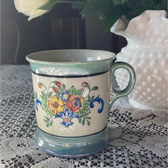 Antique Shaving Mug Blue/Green Luster Floral Early 1900's 3.75"H Made in Japan - Picture 1 of 10